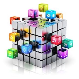 Creative mobile applications, media technology and internet networking web communication concept: metal cube with cloud of color application icons isolated on white background with reflection effect